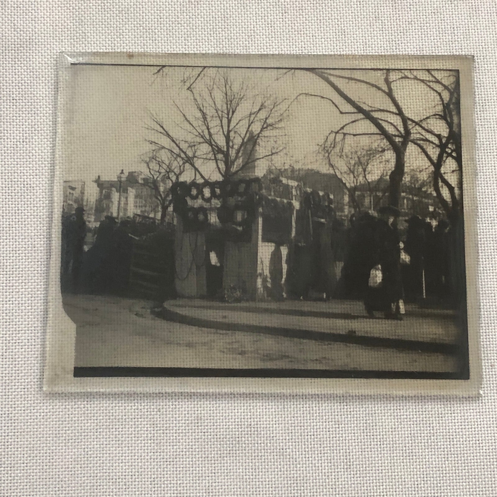 Antique Glass Plate Lantern Slide Photo People in Market with Plants Wreath