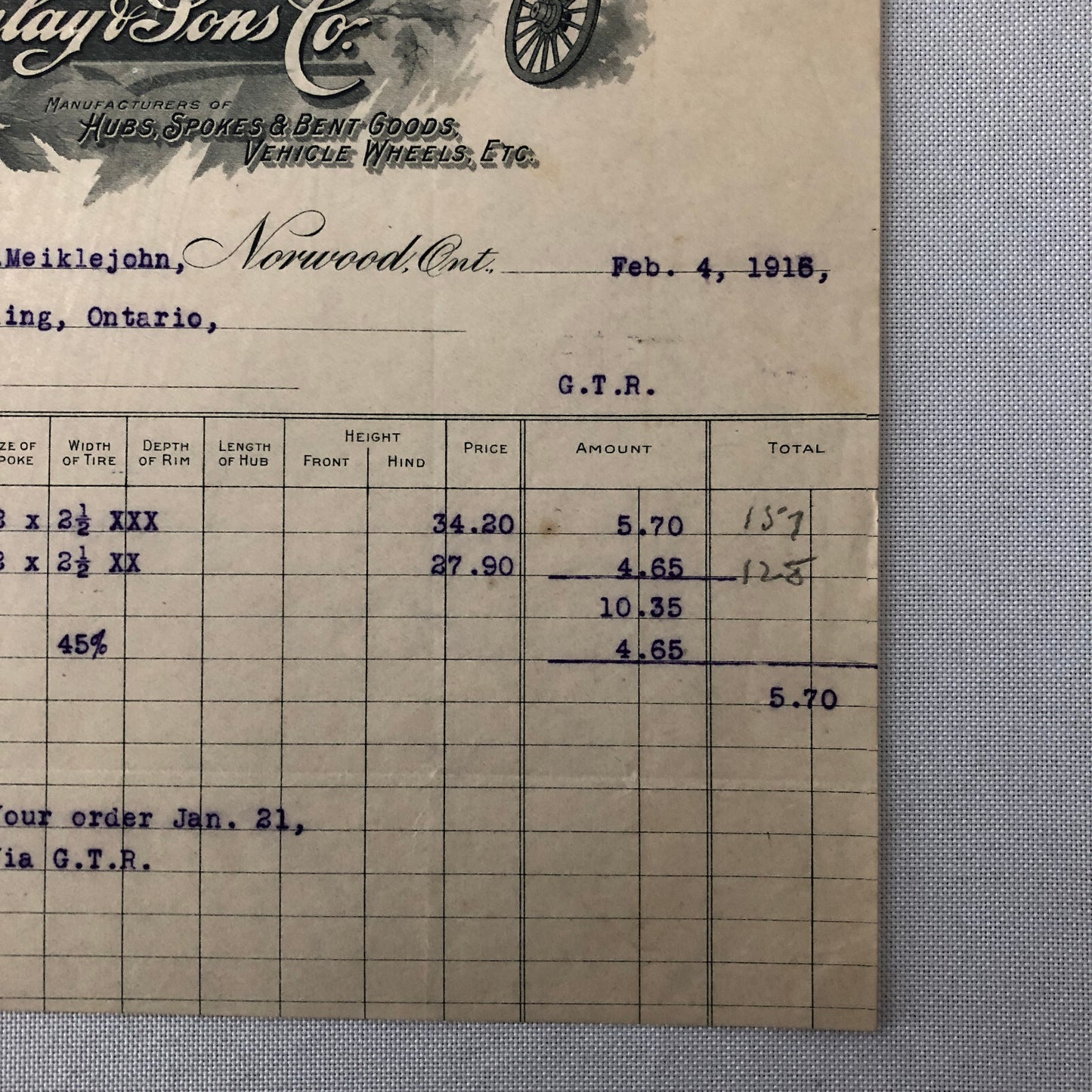 Antique Wheel Company J Finlay and Sons Billhead Letterhead Document 1915