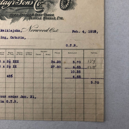 Antique Wheel Company J Finlay and Sons Billhead Letterhead Document 1915