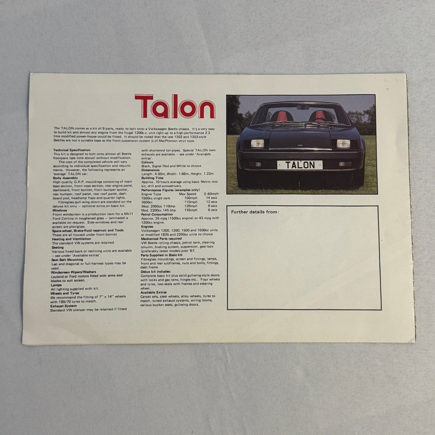 Vintage Talon VW Volkswagen Beetle Chassis Kit Car Sales Brochure Catalog