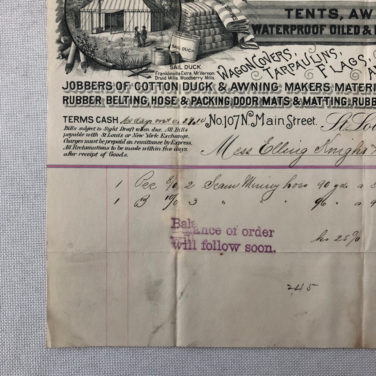 1892 Zittlosen Tent and Awning Company Advertisign Billhead Letterhead Document