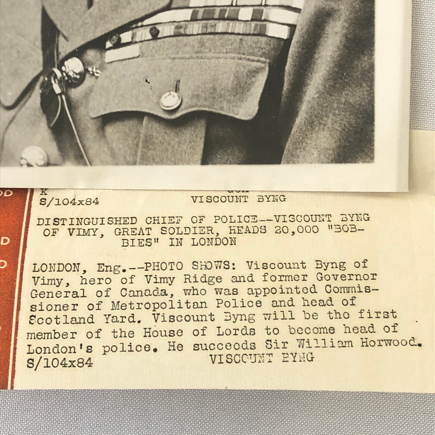 Press Photo Photograph Viscount Byng Vimy War Hero Scotland Yard Police London