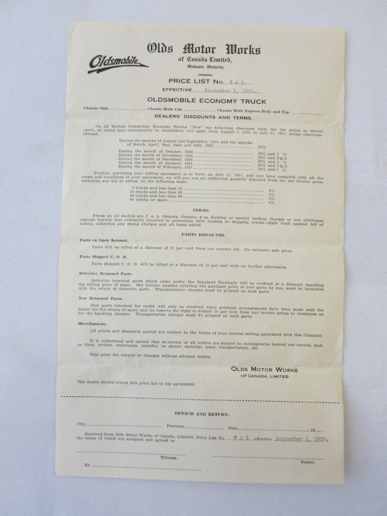 1920 Oldsmobile Economy Truck Factory Pricing Document Letterhead 