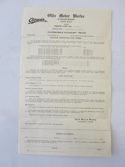 1920 Oldsmobile Economy Truck Factory Pricing Document Letterhead 