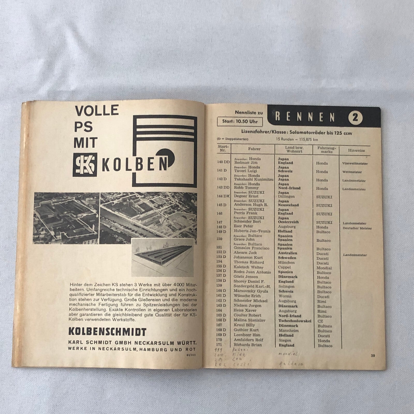 1963 Hockenheim Motorcycle Racing Grand Prix Race Program Book German