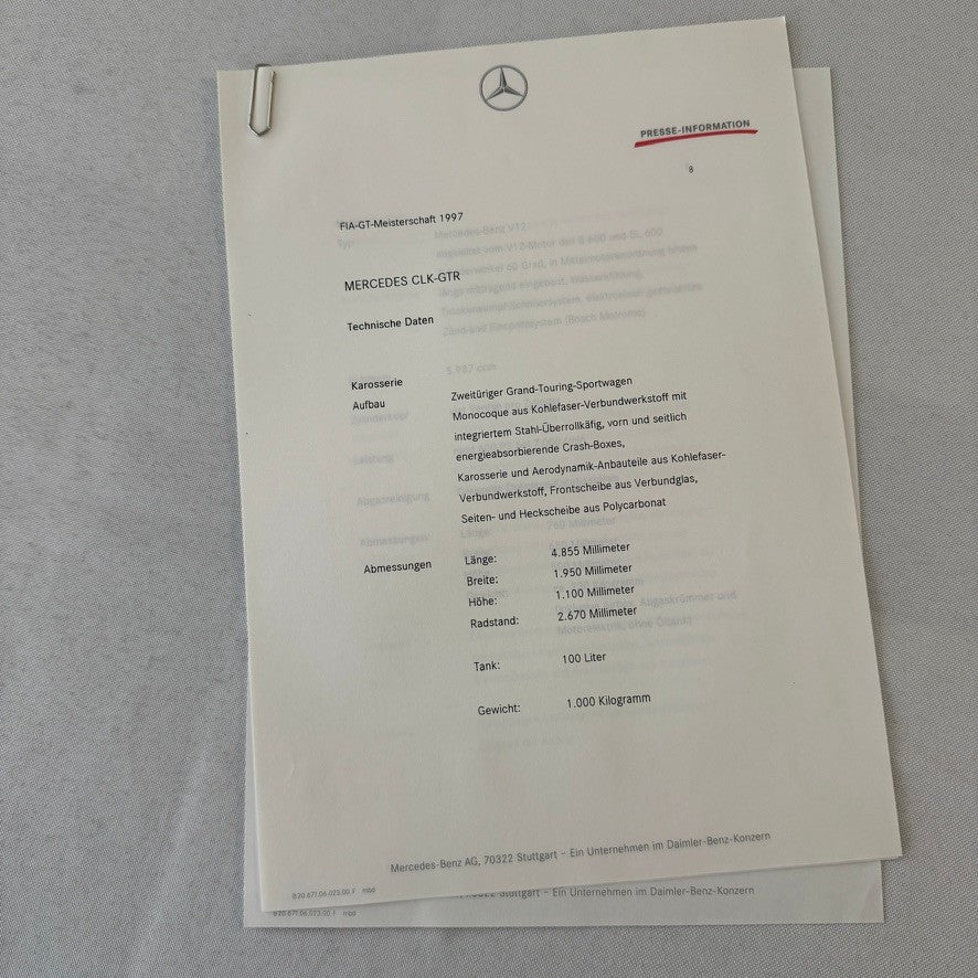 1997 Mercedes CLK GTR GT Racing Press Kit Photos GERMAN
