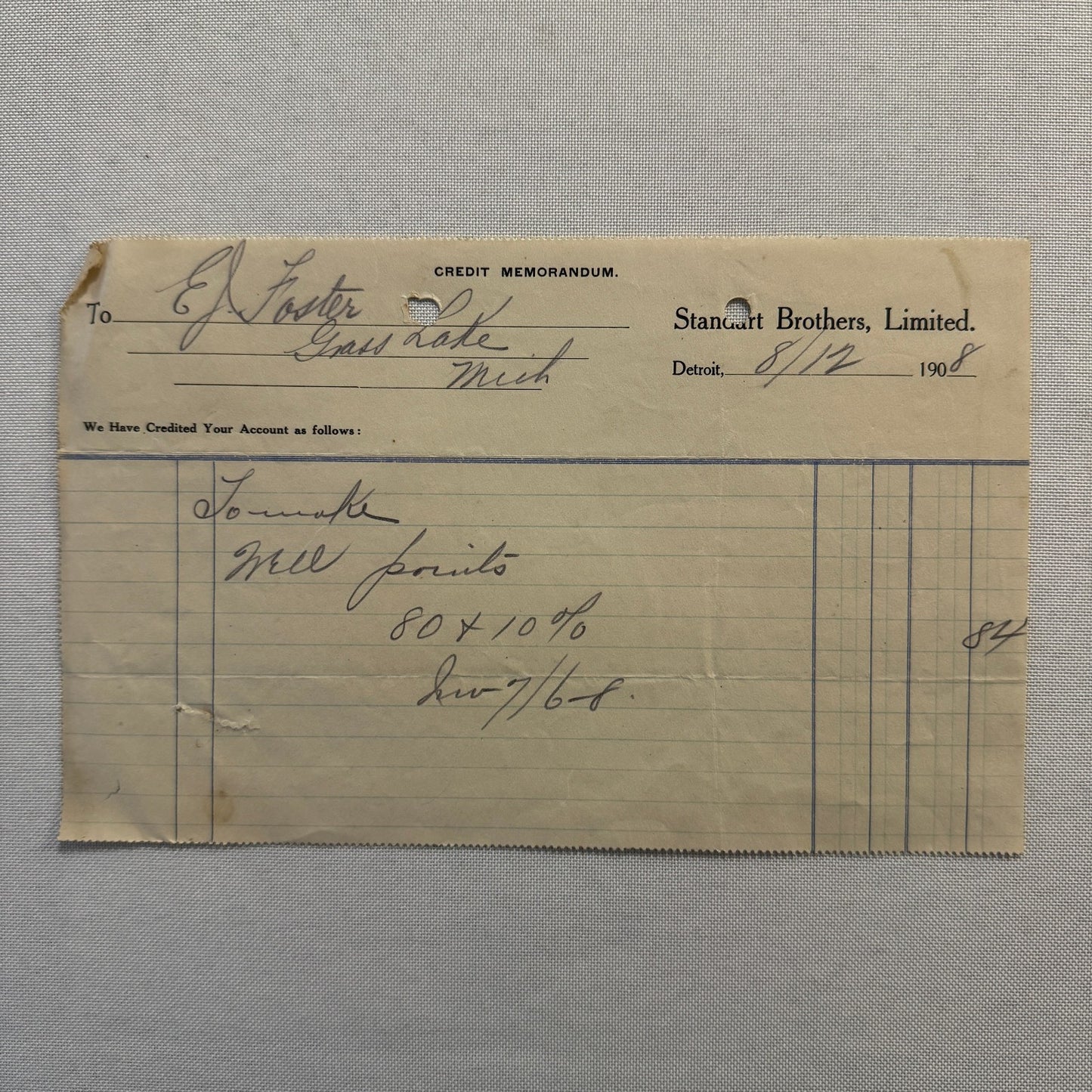 Standart Brothers Detroit Michigan Receipt Document Letterhead 1908 Lot 6x