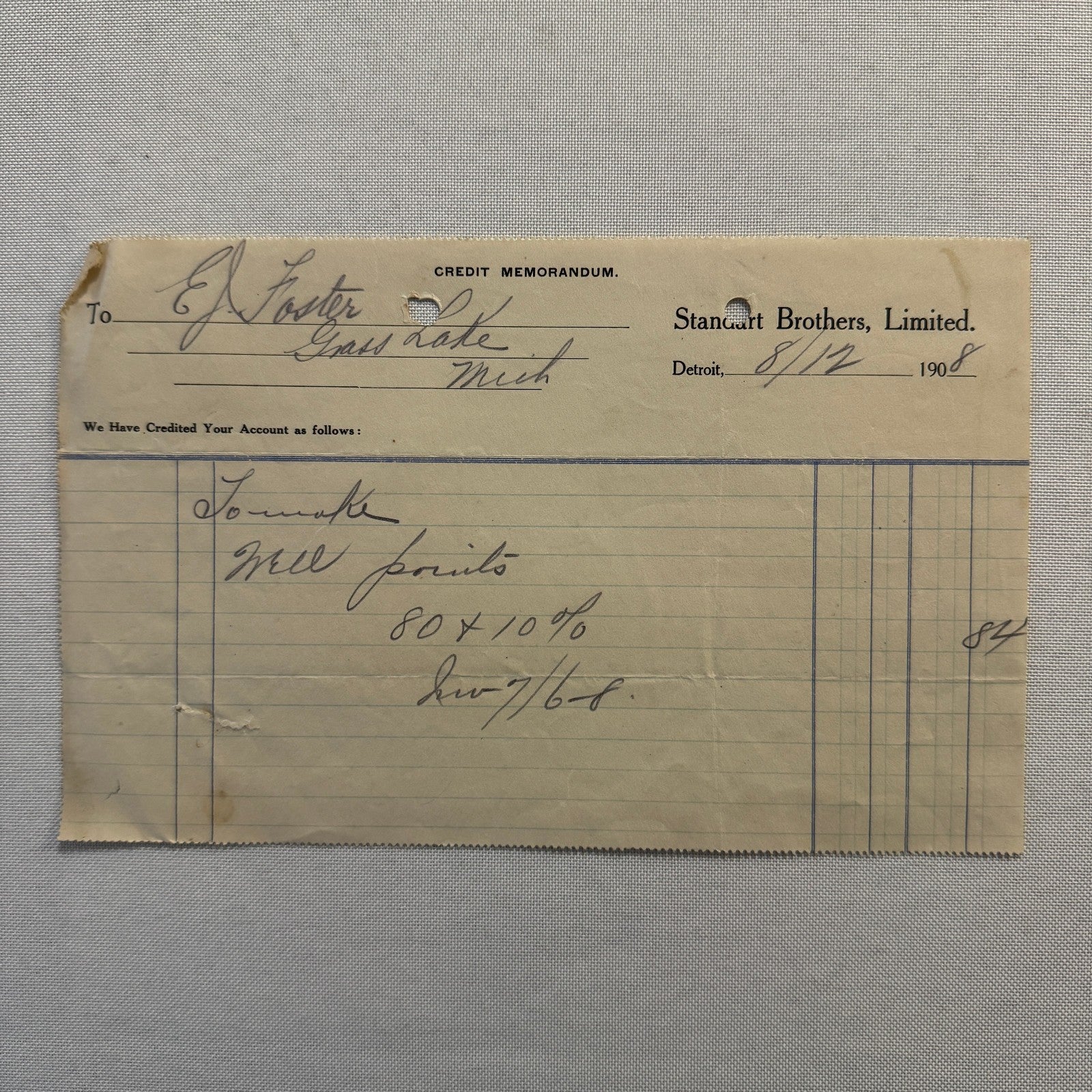 Standart Brothers Detroit Michigan Receipt Document Letterhead 1908 Lot 6x