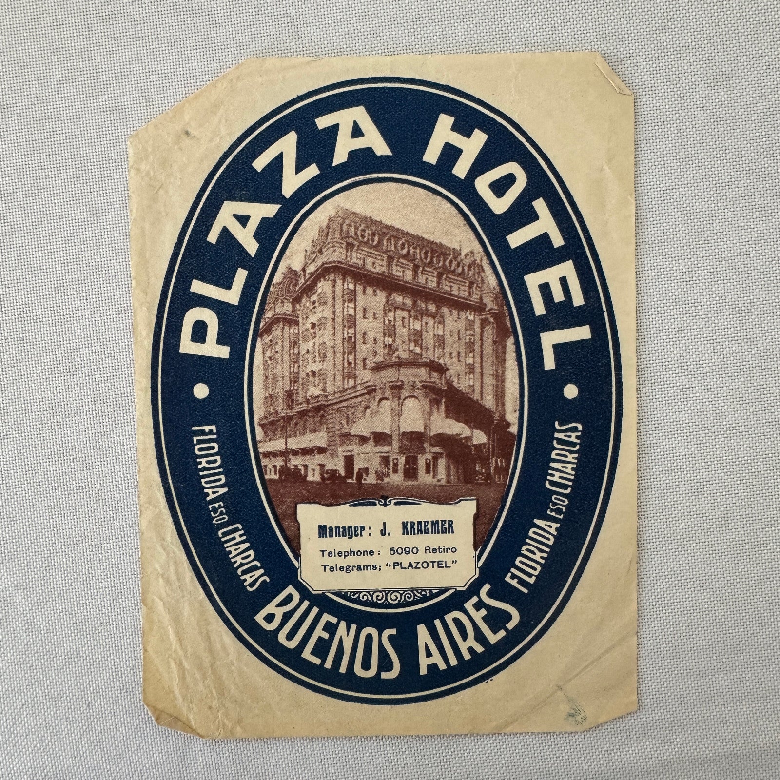 Vintage Hotel Travel Luggage Label Plaza Hotel Buenos Aires Argentina