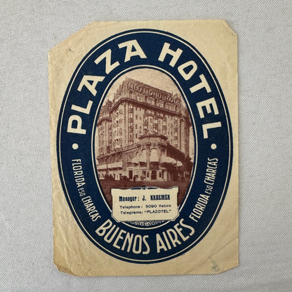 Vintage Hotel Travel Luggage Label Plaza Hotel Buenos Aires Argentina