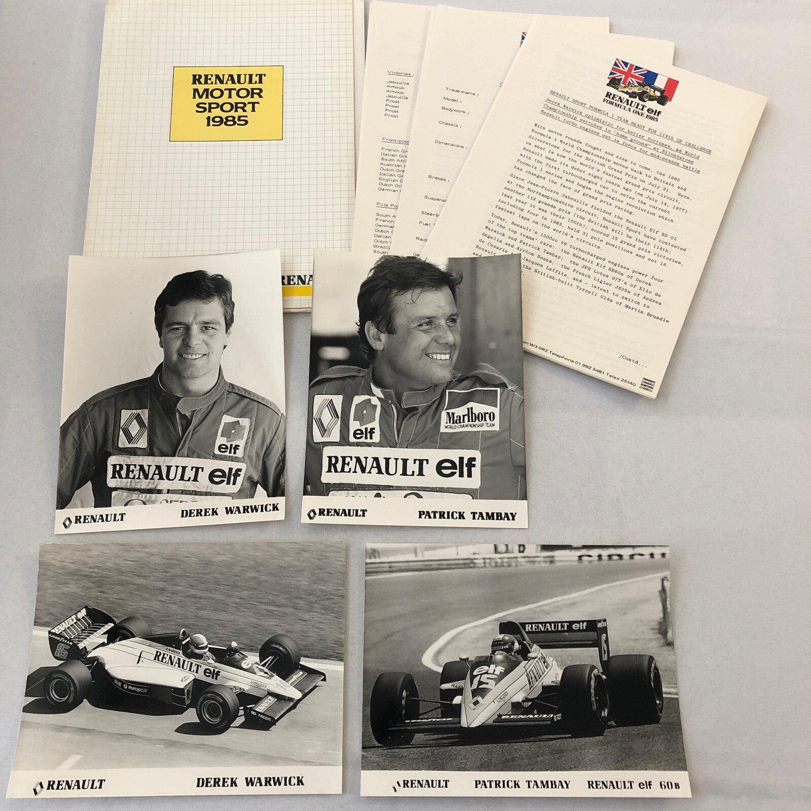 1985 Renault F1 Press Kit ELF Formula One Patrick Tambay Derek Warwick Team