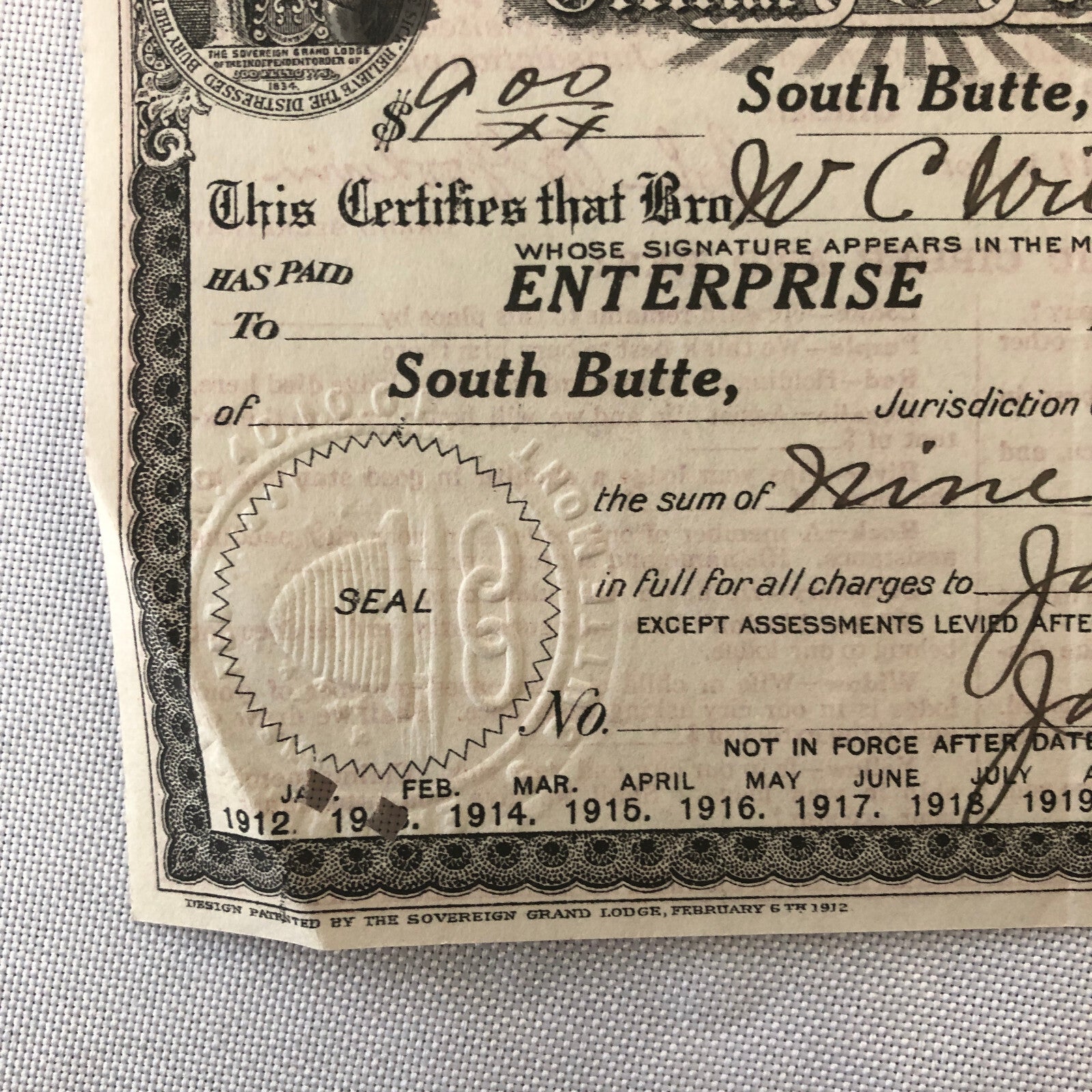 Independent Order of Odd Fellows Official Membership Certificate Document Lot 4x
