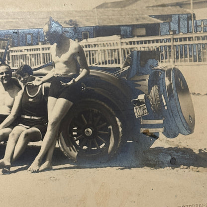 Antique Photo Photograph People on Beach with Early Automobile Car