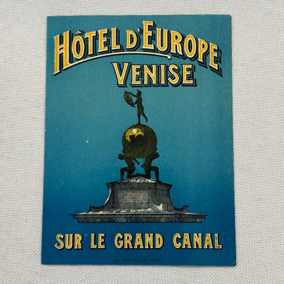 Vintage Hotel Travel Label Venice Italy Venise Hotel D'Europe
