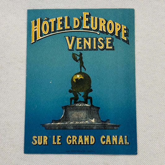 Vintage Hotel Travel Label Venice Italy Venise Hotel D'Europe