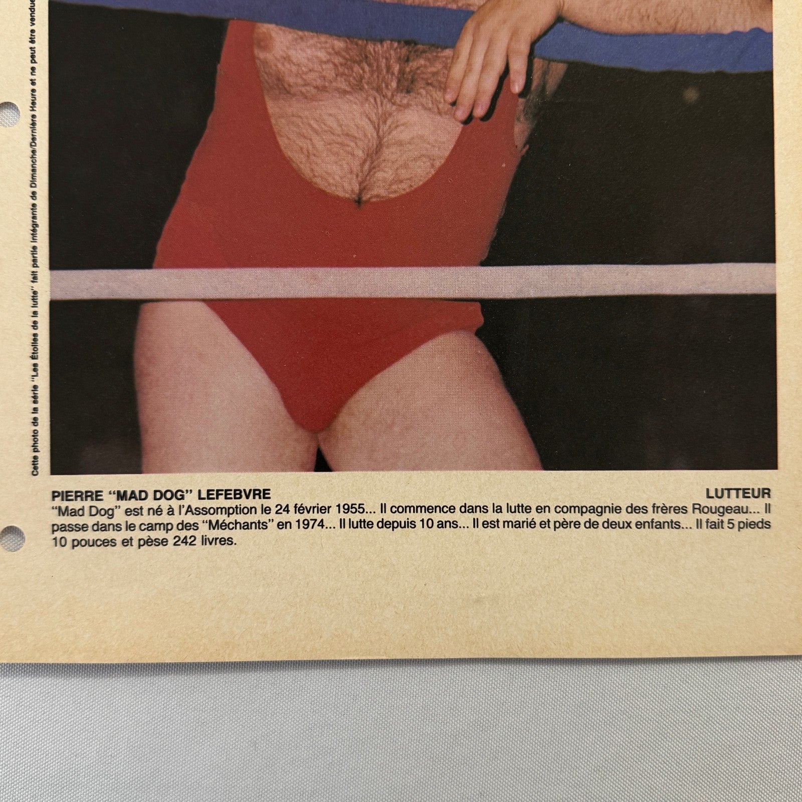 Vintage Wrestling Print Insert Pierre Mad Dog Lefebvre Quebec French 1983