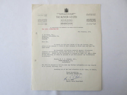 1948 - 1955 Rover Car Company Letter Letterhead Document Lot of 5