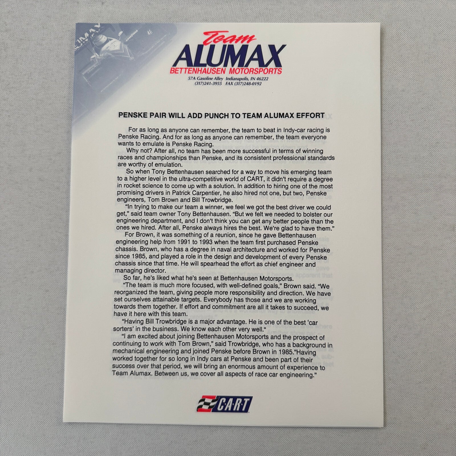 Bettenhausen Alumax Racing Press Kit Brochure 1997 CART Patrick Carpentier