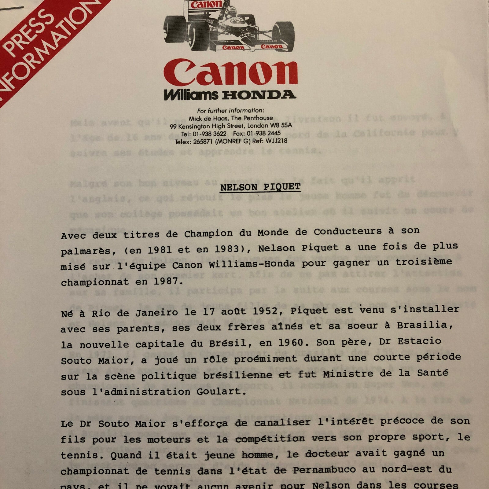 1987 Honda Williams F1 Racing Press Release Lot Nelson Piquet Mansell FRENCH