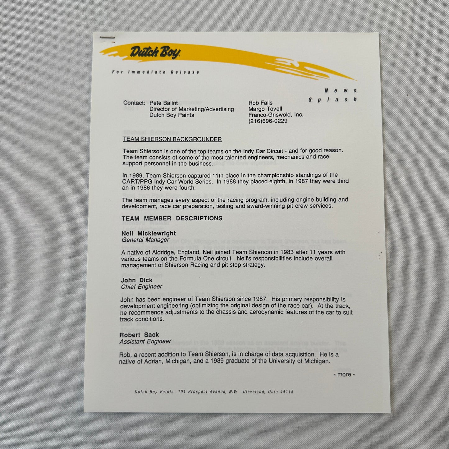 Arie Luyendyk 1990 Dutch Boy Paint CART Indy Racing Press Kit Brochure Photo