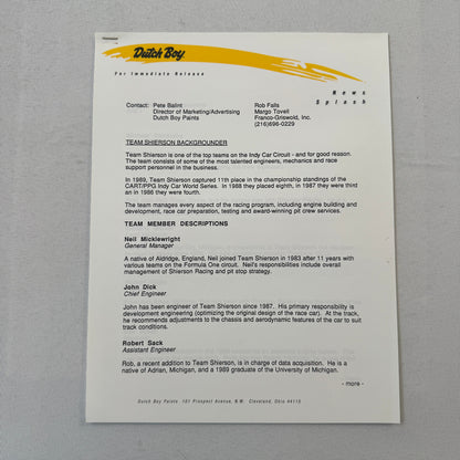 Arie Luyendyk 1990 Dutch Boy Paint CART Indy Racing Press Kit Brochure Photo