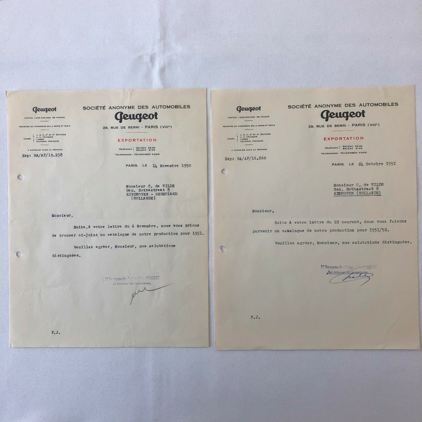 1948 - 1957 Peugeot Car Letter Letterhead Document Lot of 9 - FRENCH