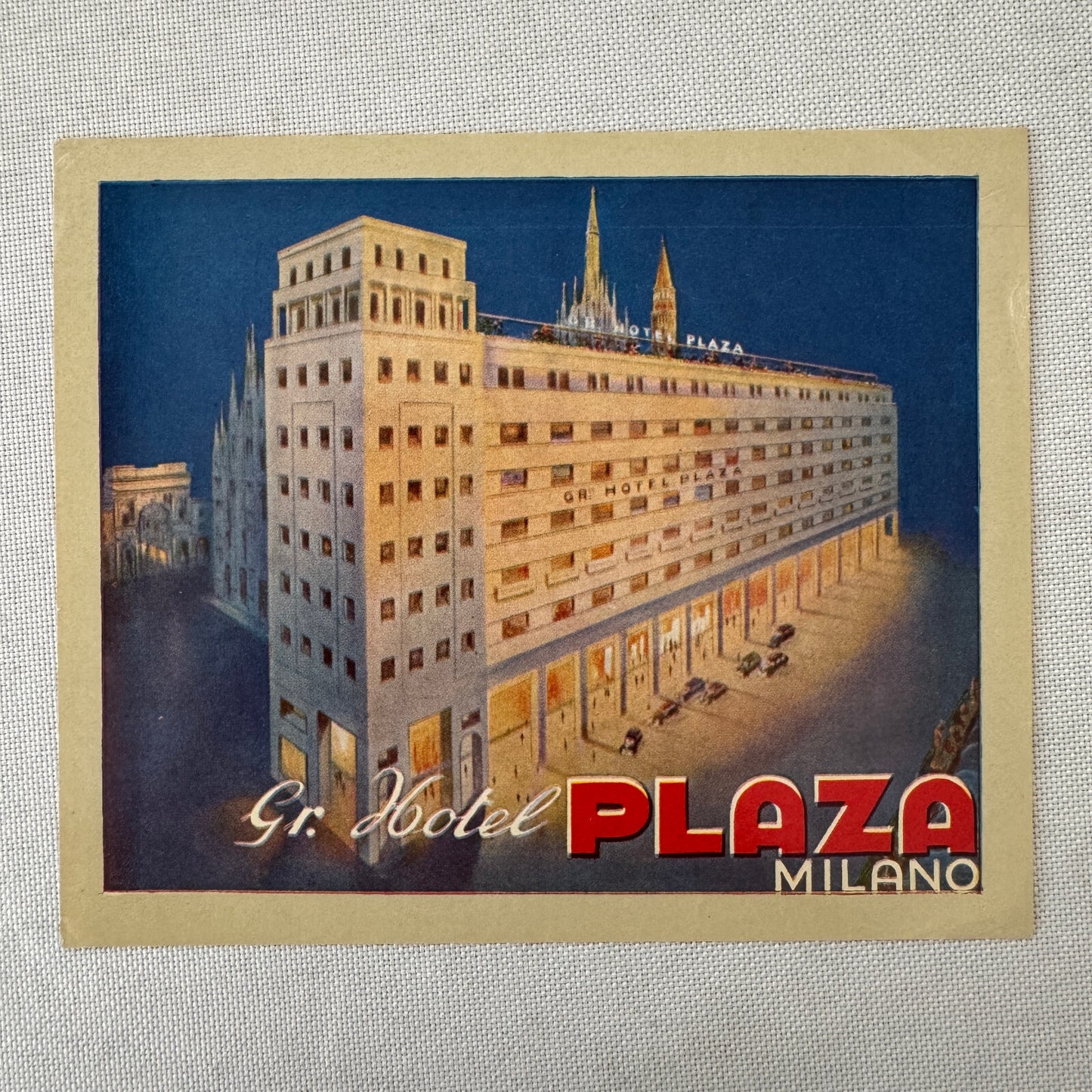 Vintage Hotel Travel Luggage Label Hotel Plaza Milano Milan Italy Italian