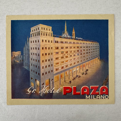 Vintage Hotel Travel Luggage Label Hotel Plaza Milano Milan Italy Italian