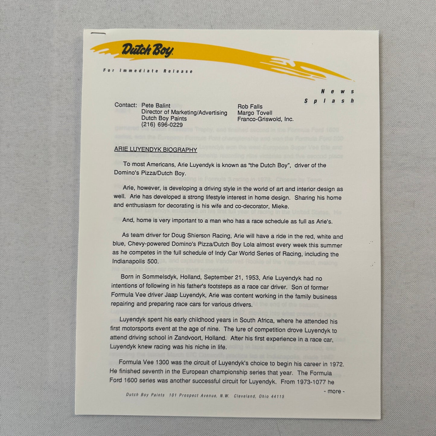 Arie Luyendyk 1990 Dutch Boy Paint CART Indy Racing Press Kit Brochure Photo