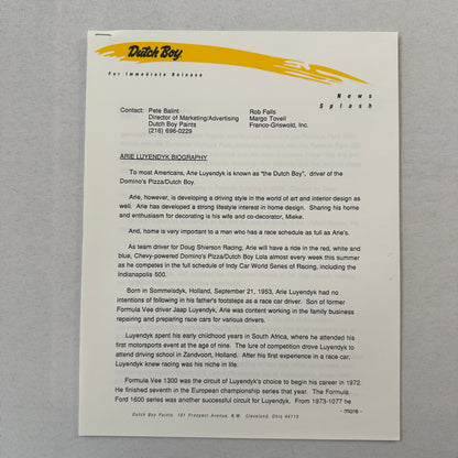 Arie Luyendyk 1990 Dutch Boy Paint CART Indy Racing Press Kit Brochure Photo
