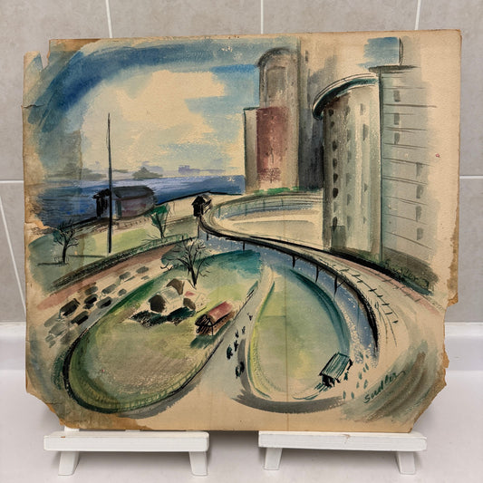 Vintage Painting Art Artwork Artist Arthur E Sudler Buildings Road Water