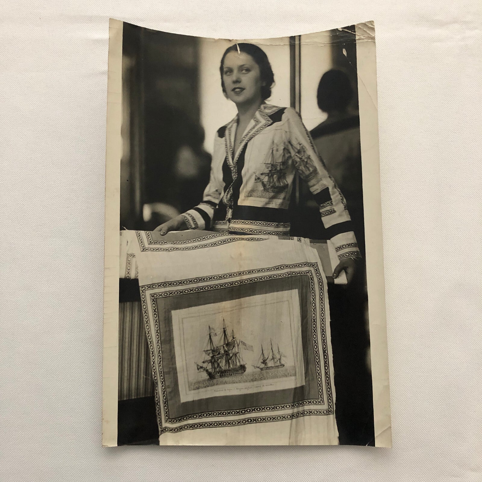 Press Photo Photograph Fashion Design Dress Ships Printed on Silk 1933 Underwood