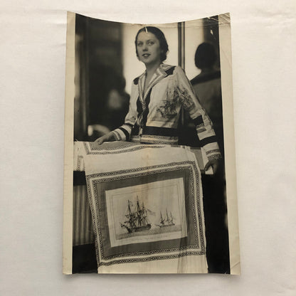 Press Photo Photograph Fashion Design Dress Ships Printed on Silk 1933 Underwood