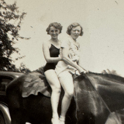 Vintage Car Horse Photo Women Photograph Snapshot Print