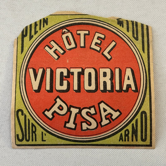 Vintage Hotel Travel Label Hotel Victoria Pisa Italy Italian