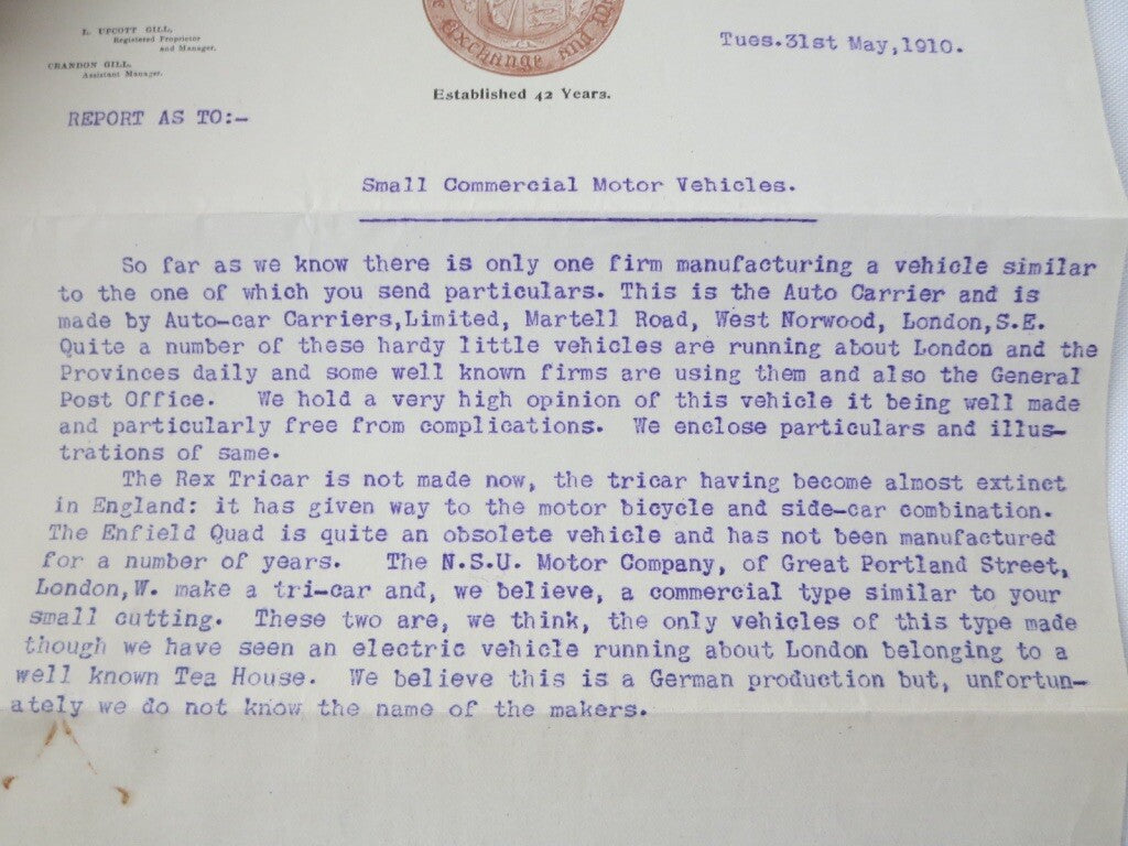 1910 Commerical Vehicle Motorcycle Company Letter Letterhead Rex Tricar Carrier 