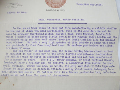 1910 Commerical Vehicle Motorcycle Company Letter Letterhead Rex Tricar Carrier 