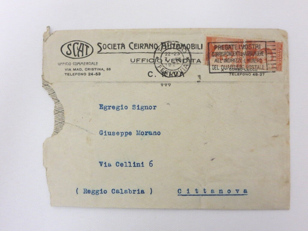 Vintage SCAT Società Ceirano Automobili Torino Car Company ENVELOPE Stamp