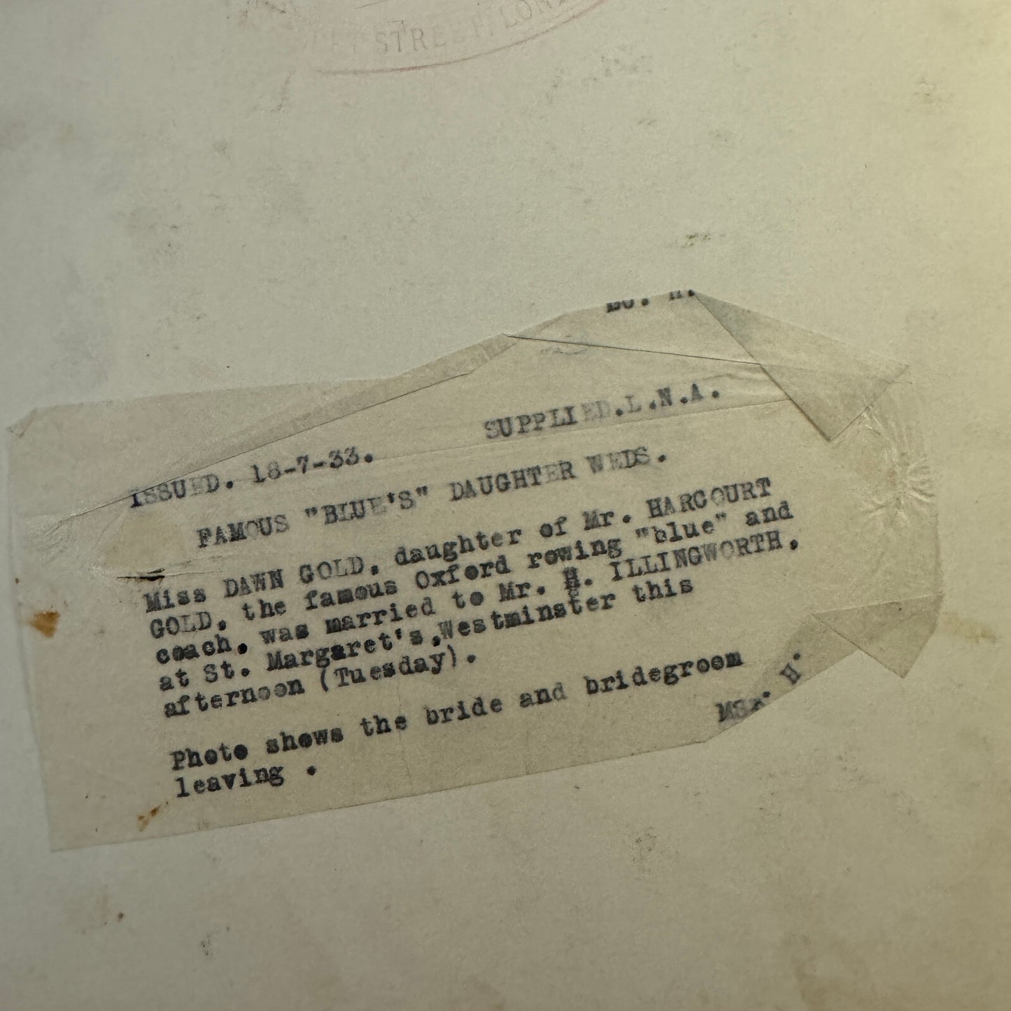 1933 Wedding Press Photo Photograph British Oxford Rowing Coach Daughter