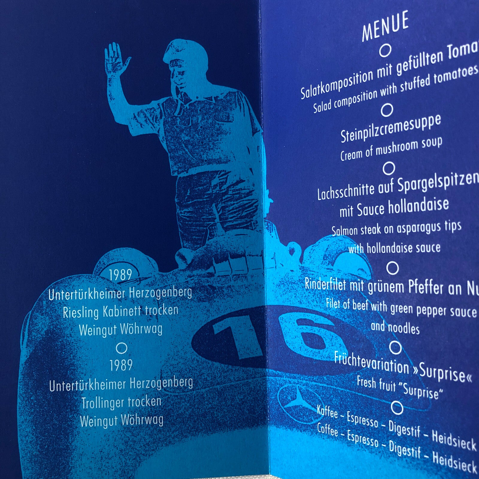 1991 A Tribute to Juan Manual Fangio Mercedes Benz Museum Menu Event Brochure 
