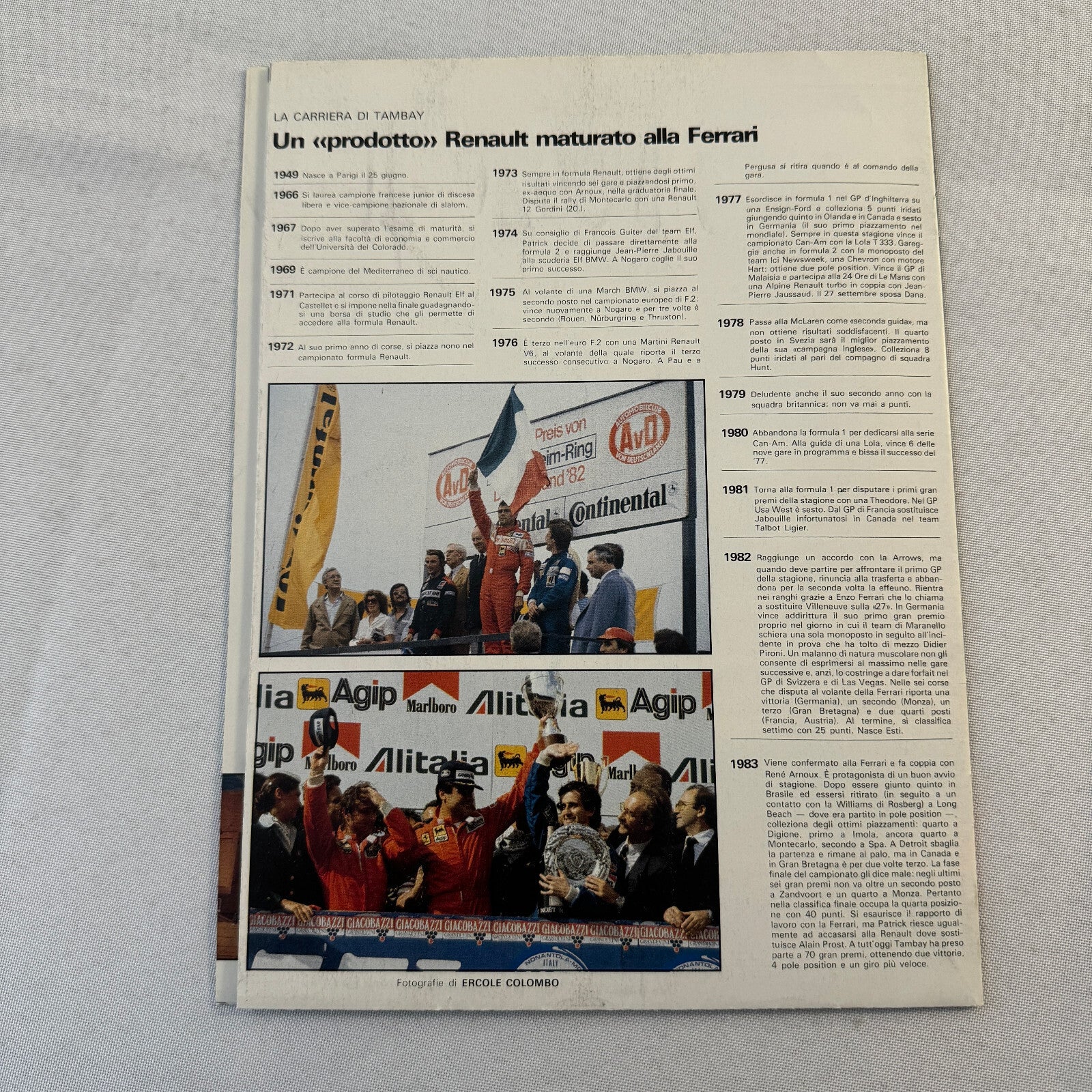 Patrick Tambay Vintage F1 Racing Poster Magazine Insert AutoSprint Renault ELF
