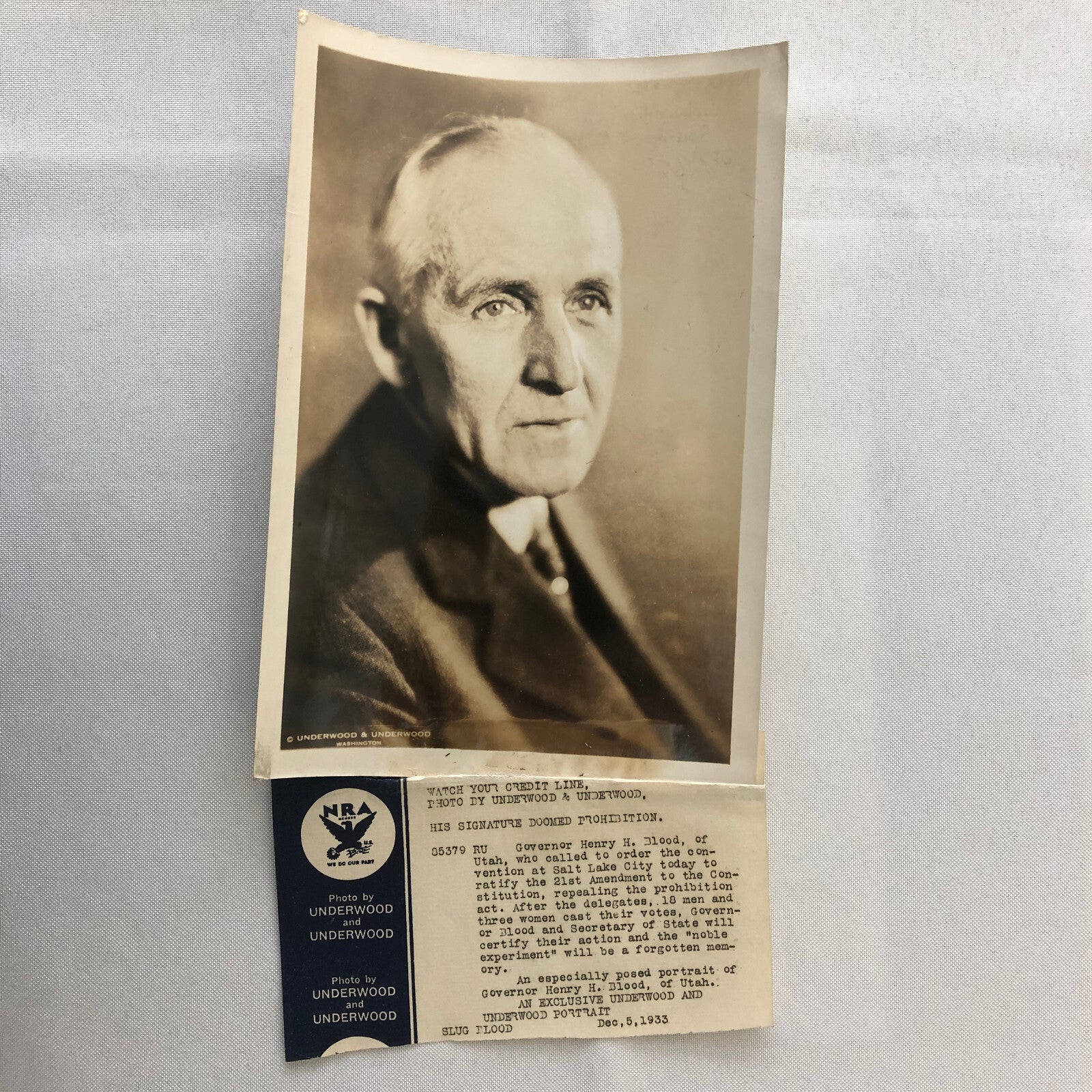 Press Photo Photograph Prohibition Repeal 21st Amendment Henry H Blood 1933