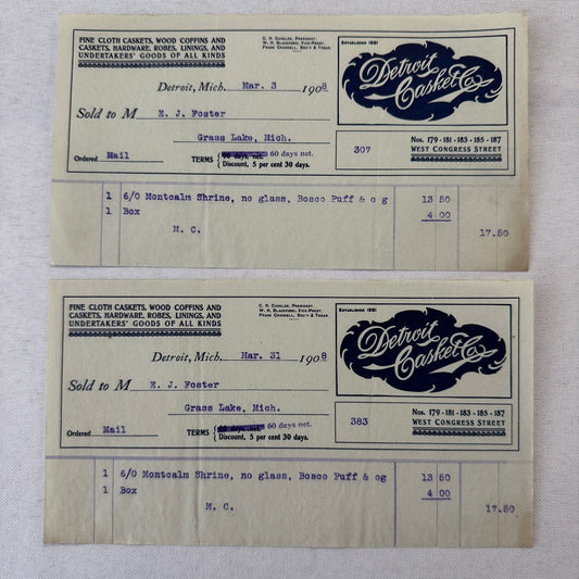 Detroit Casket Company 1908 Invoice Receipt Document Lot 2x Funeral