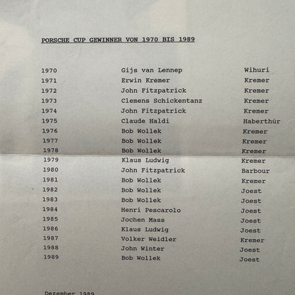 Porsche Cup Racing Factory Press Release Bob Wollek Photo 1989 Vintage German