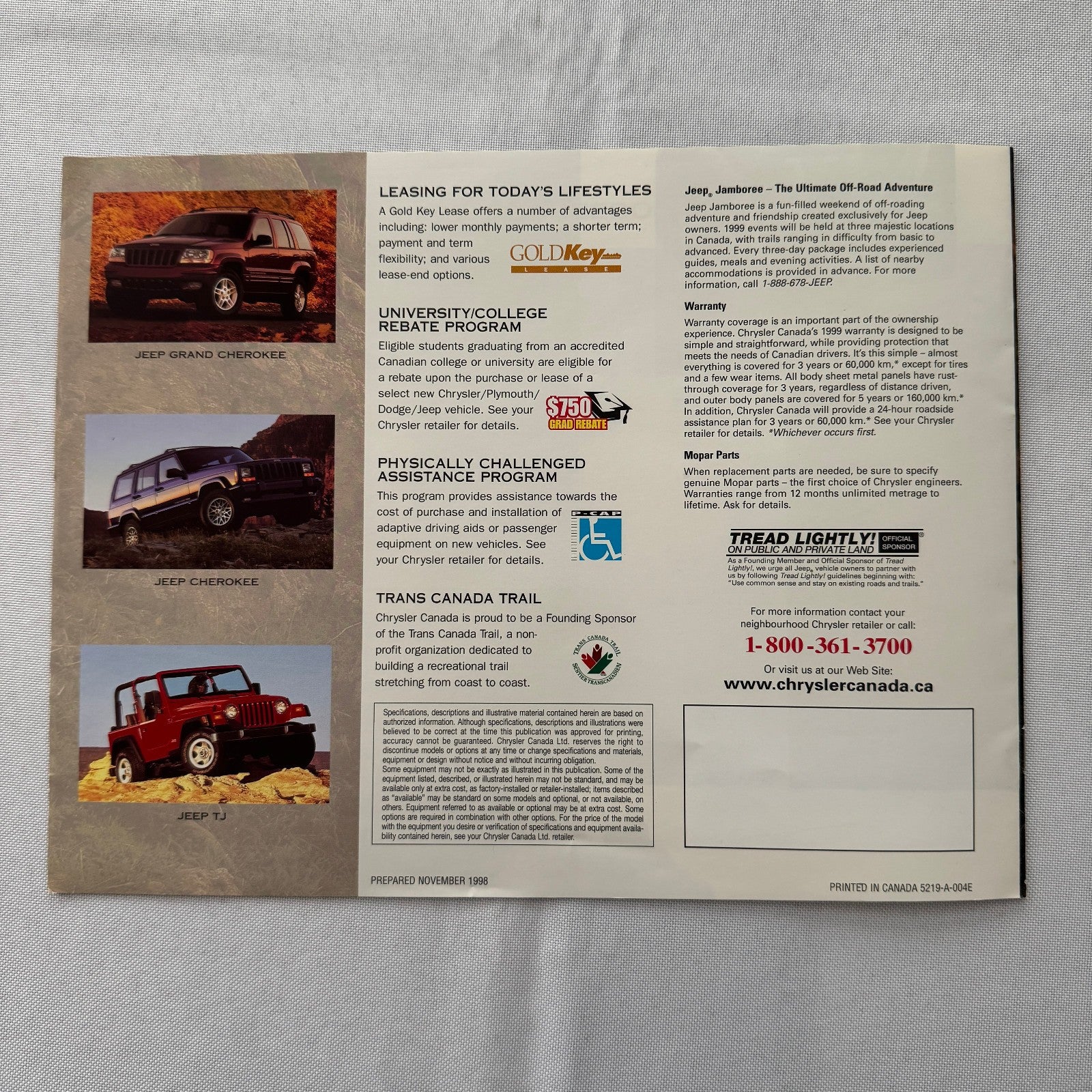1999 Jeep Sales Brochure Catalog Grand Cherokee TJ Canadian