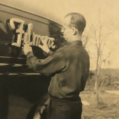Vintage Photo Photograph Print Lot of 2 Man with Panel Van Attaching Sign