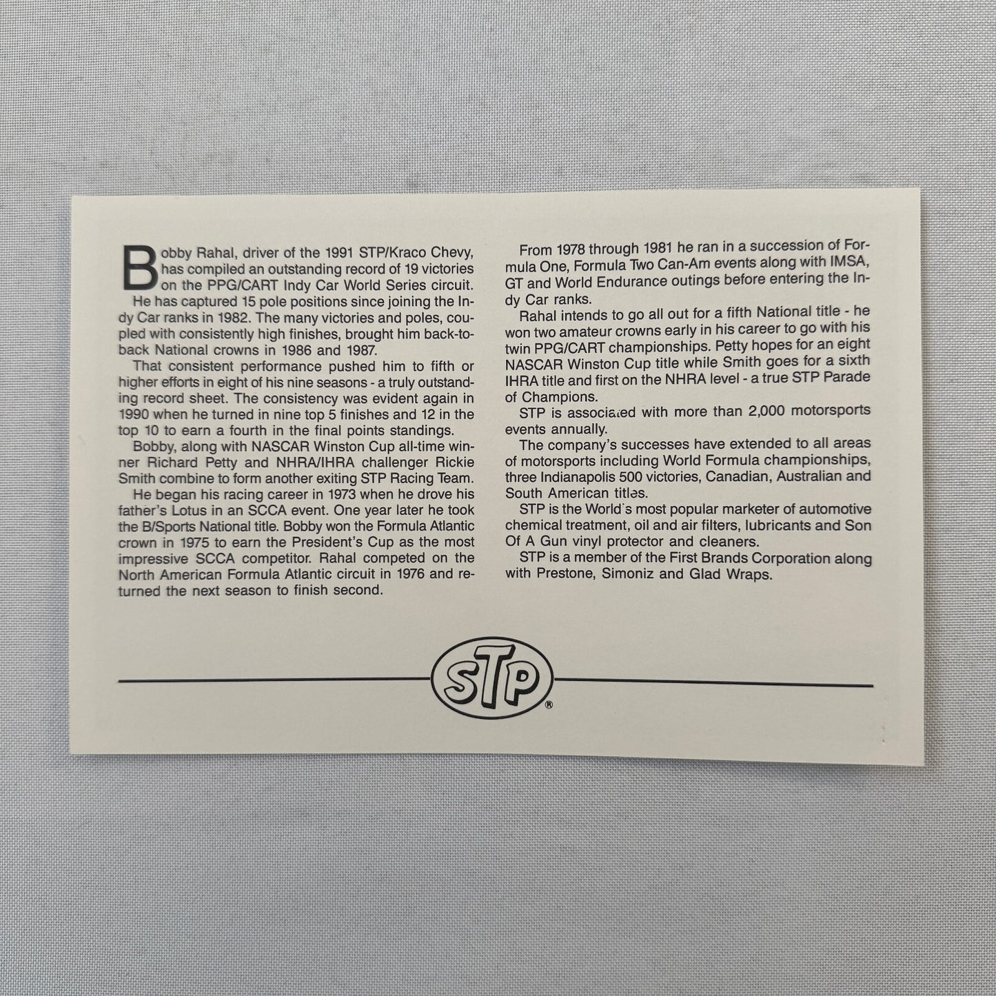 STP Racing Bobby Rahal Kraco Chevy Chevrolet CART PPG Racing Press Kit Brochure