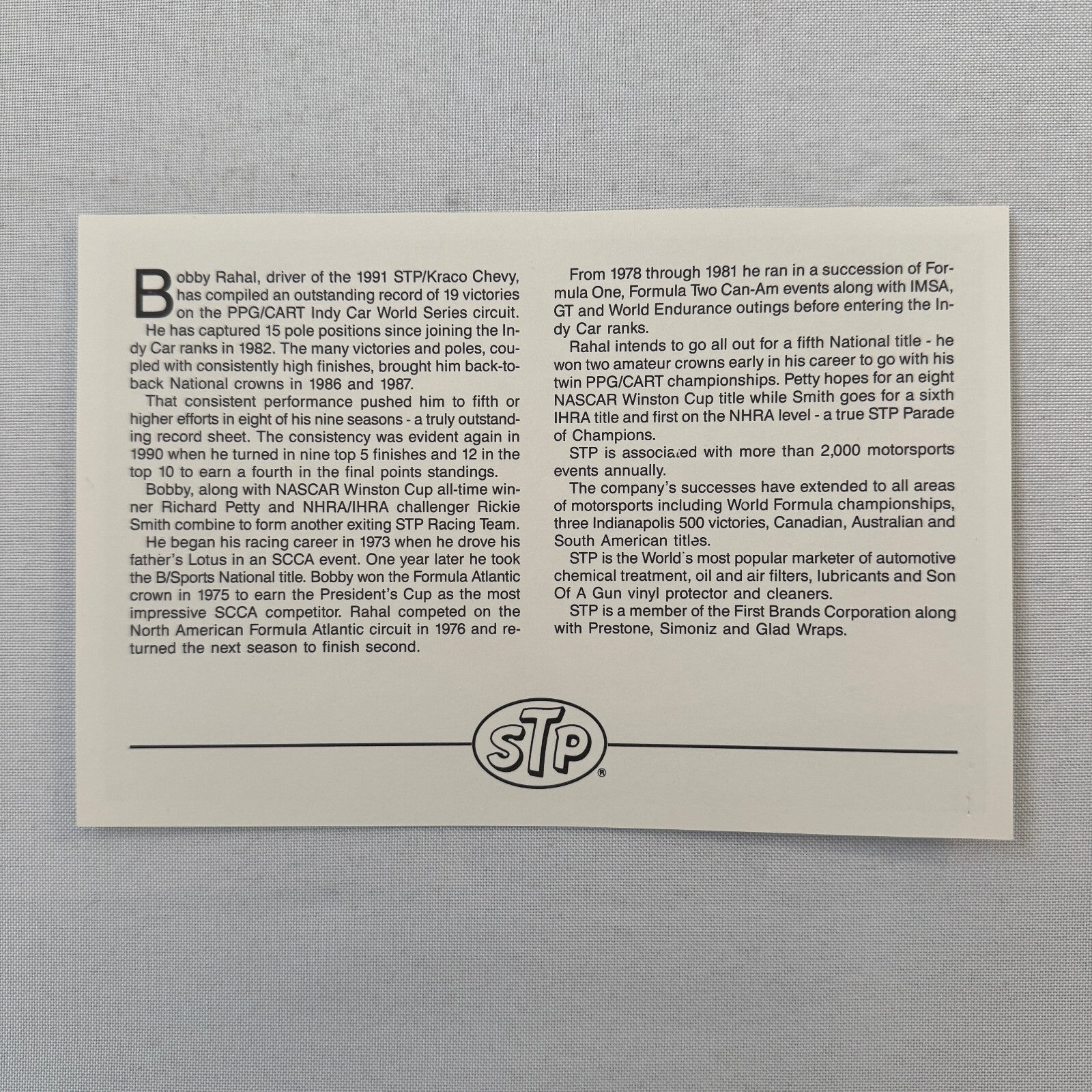 STP Racing Bobby Rahal Kraco Chevy Chevrolet CART PPG Racing Press Kit Brochure