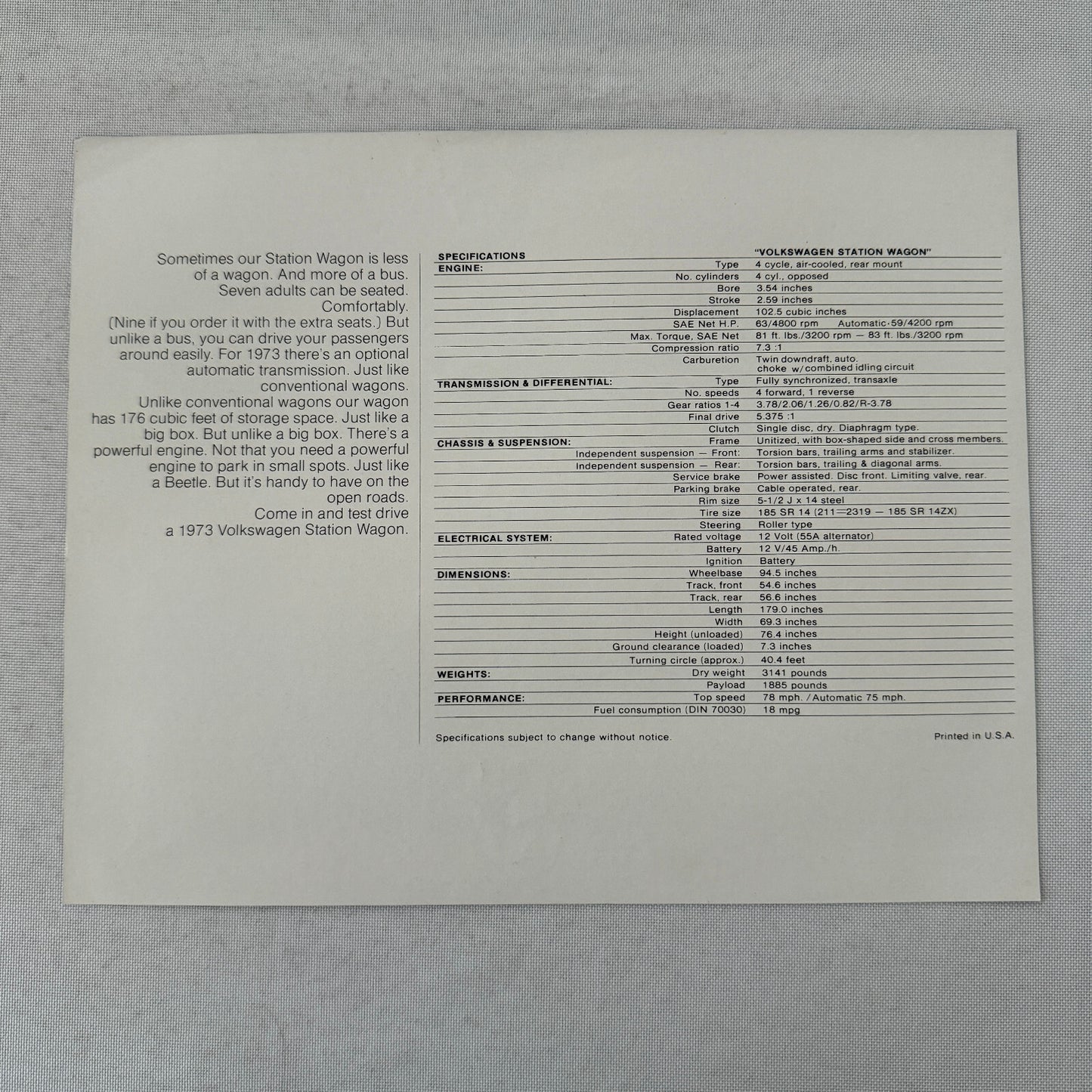 1973 Volkswagen VW Station Wagon Bus Van Sales Brochure Vintage Advertising