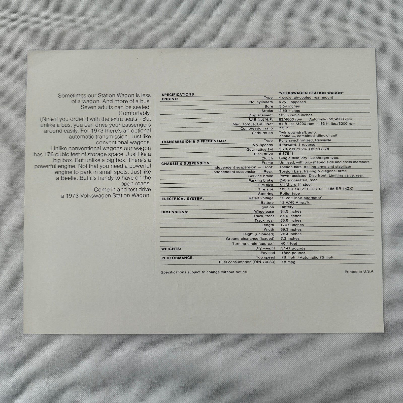 1973 Volkswagen VW Station Wagon Bus Van Sales Brochure Vintage Advertising